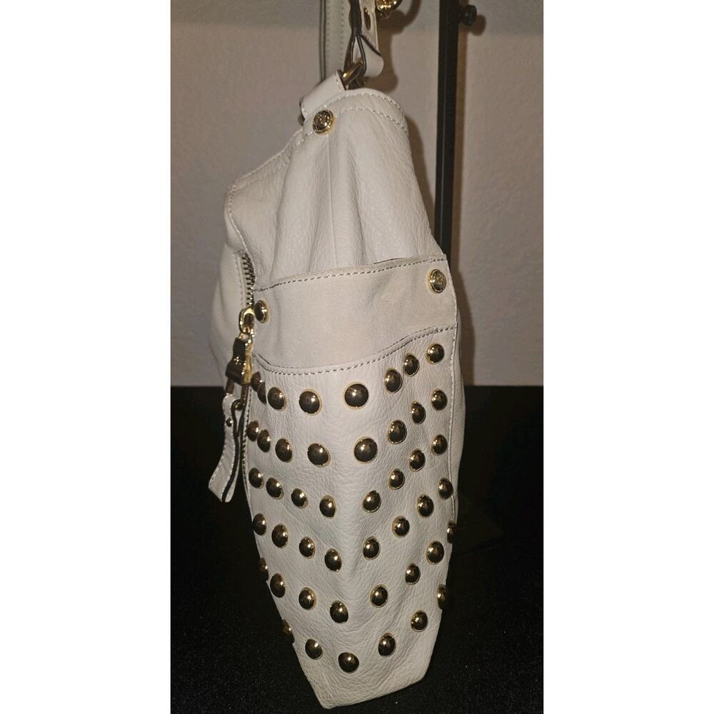 B Makowsky Leather Gold Studded Cream Handbag 14x10 - Picture 5 of 11